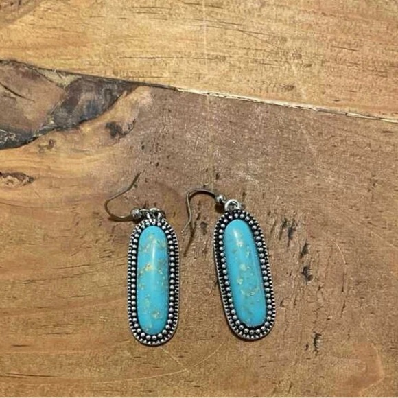 “Turquoise Flecked Ovals” Speckled Gold Flakes Southwestern Dotted Frame Dangles - Picture 6 of 16